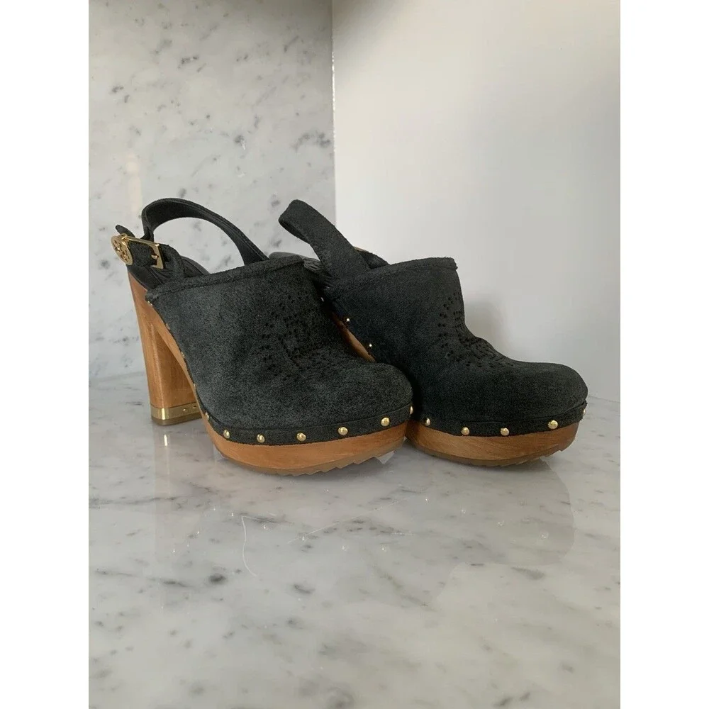 Tory Burch Blue Suede Sz 8 Logo Studded Slingback Wooden Heels Clogs - Picture 1 of 8